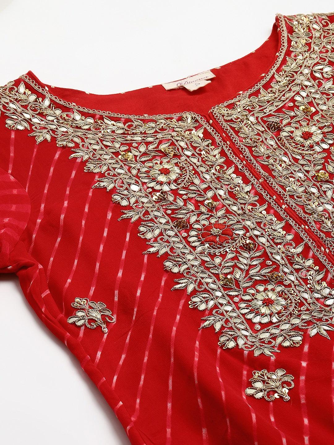 Divena Pure georgette Jaipuri Mothda Red Kurta Sharara Set with Dupatta - divenaworld.com