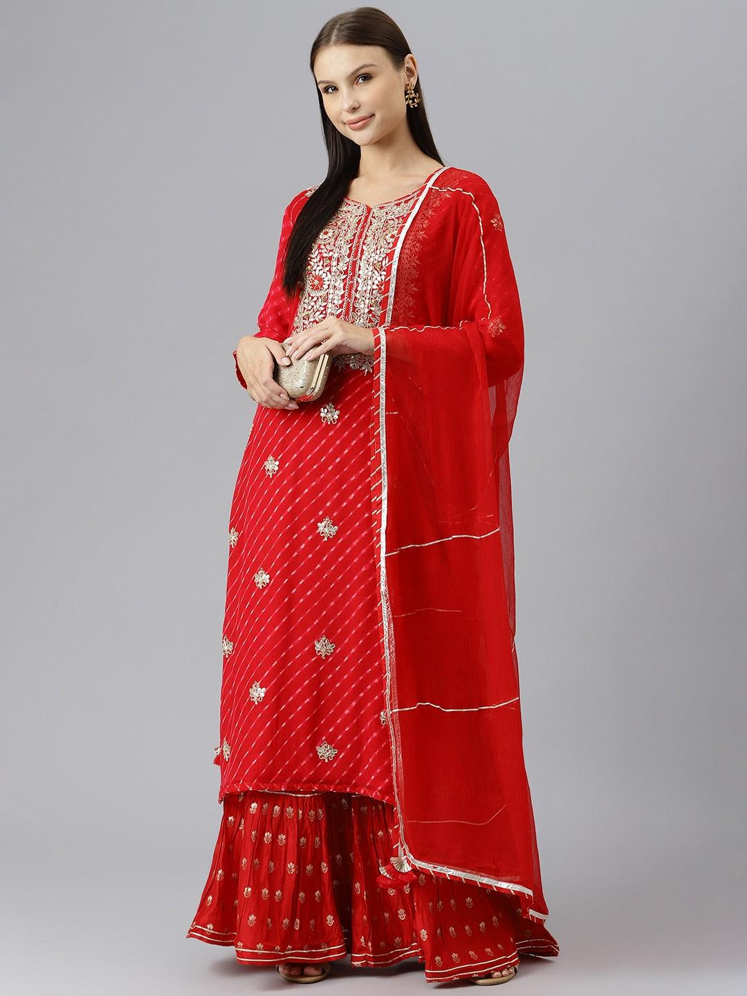 Divena Pure georgette Jaipuri Mothda Red Kurta Sharara Set with Dupatta - divenaworld.com