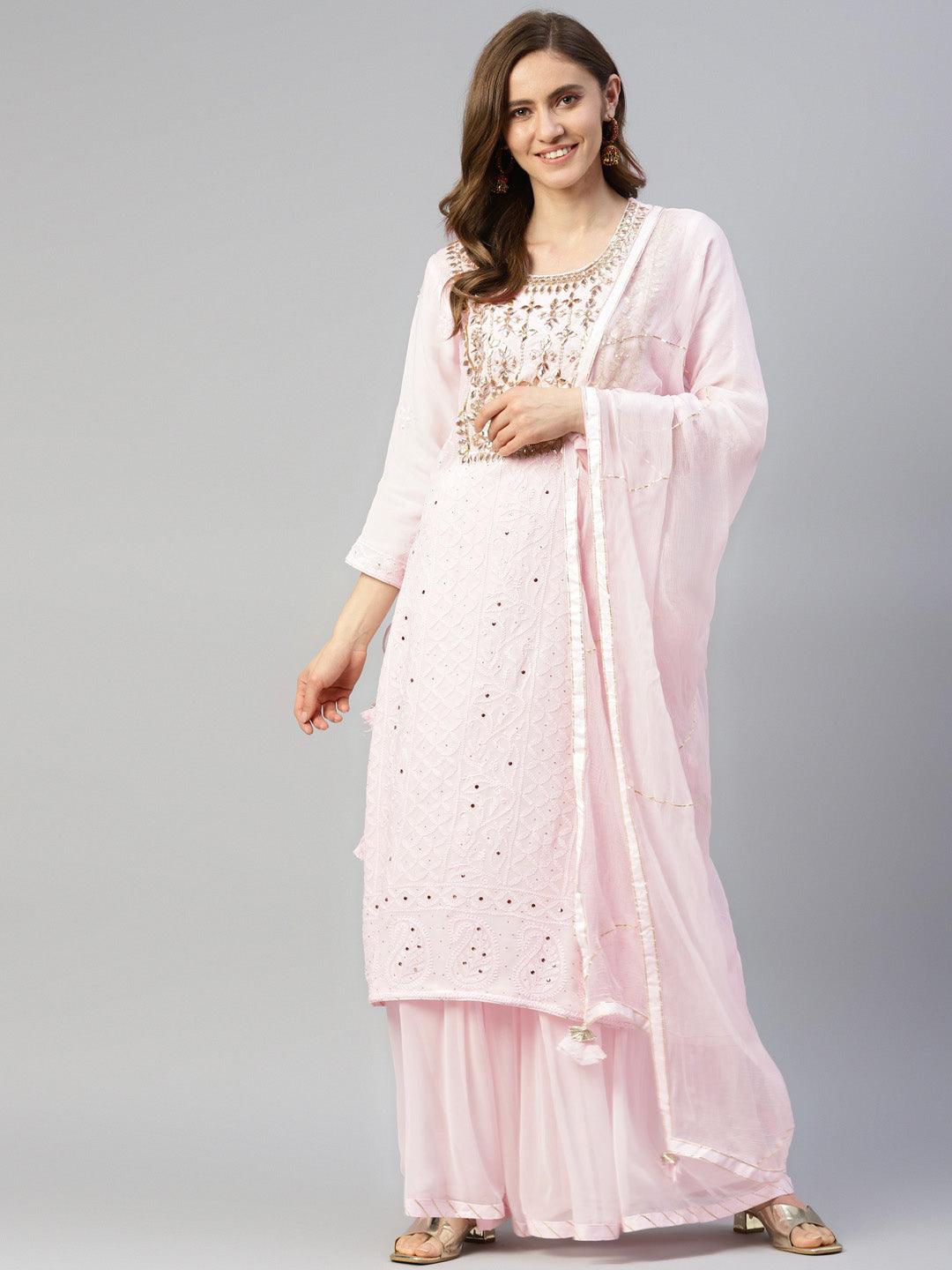 Divena Pure Chicken krai georgette Powder Pink Kurta Palazoo Set with Dupatta - divenaworld.com