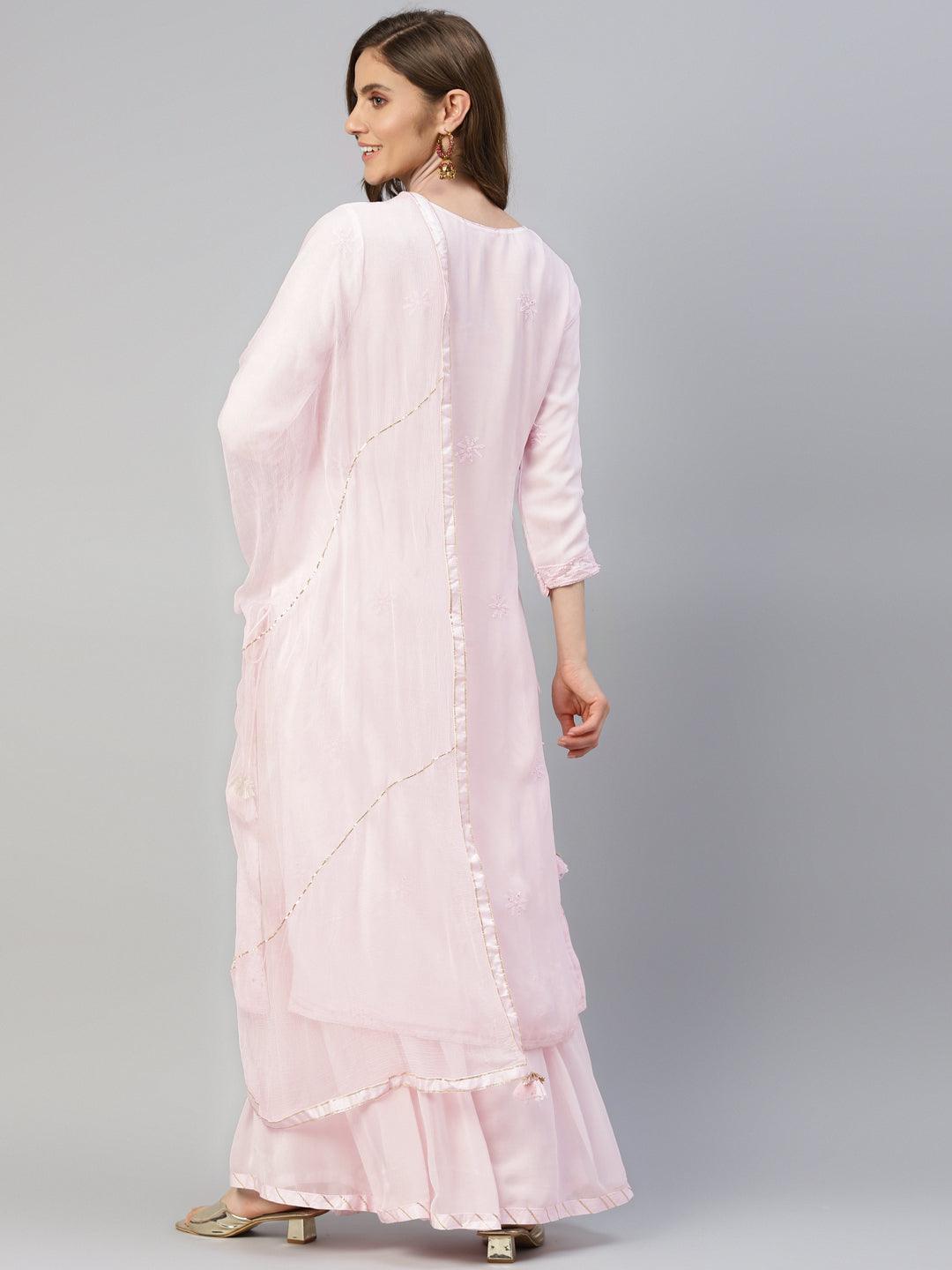 Divena Pure Chicken krai georgette Powder Pink Kurta Palazoo Set with Dupatta - divenaworld.com