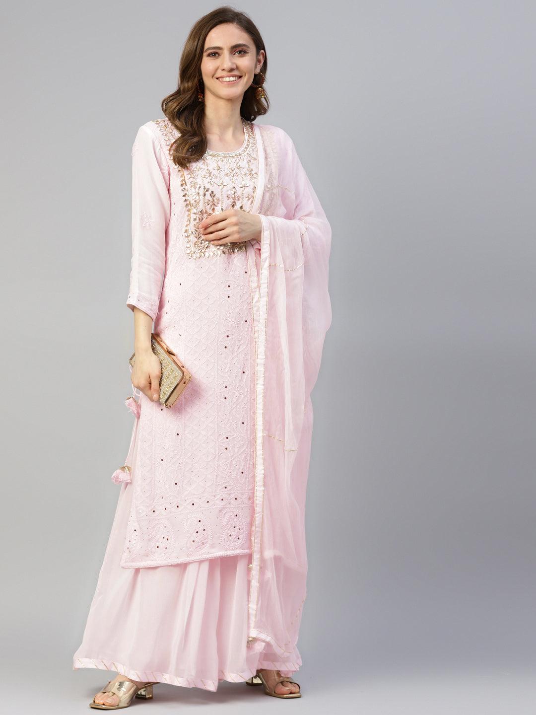 Divena Pure Chicken krai georgette Powder Pink Kurta Palazoo Set with Dupatta - divenaworld.com