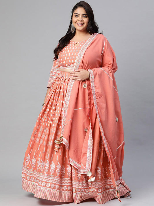 Plus Size Pink Printed Crop Top, lehenga with Dupatta set - divena world-Mohi