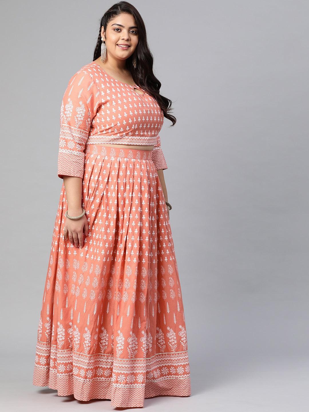 Plus Size Pink Printed Crop Top, lehenga with Dupatta set - divena world-Mohi