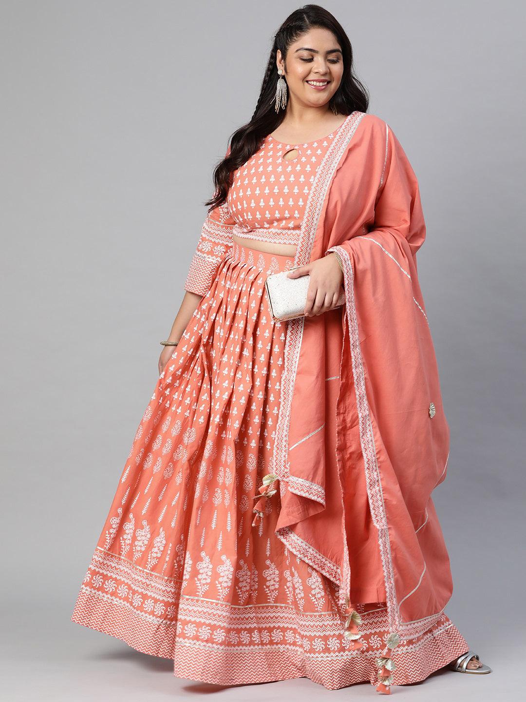 Plus Size Pink Printed Crop Top, lehenga with Dupatta set - divena world-Mohi