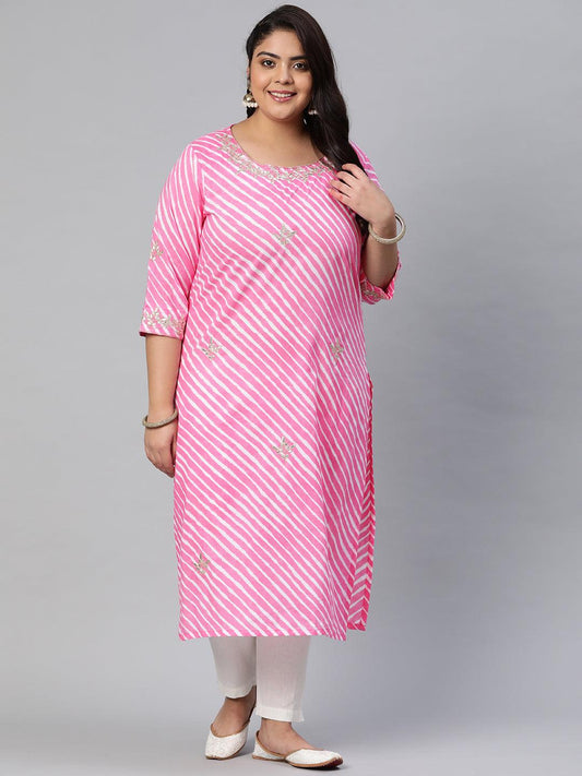 Plus Size Pink Lahariya Cotton Gota patti Straight Kurta - divena world-Mohi