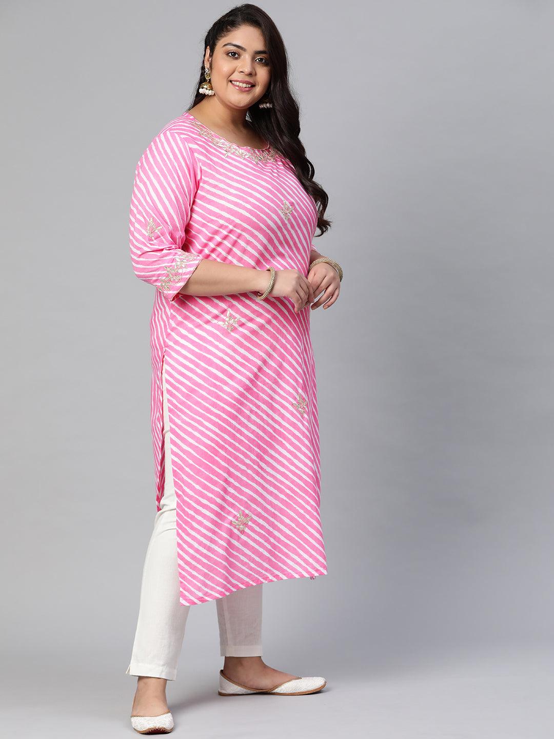 Plus Size Pink Lahariya Cotton Gota patti Straight Kurta - divena world-Mohi