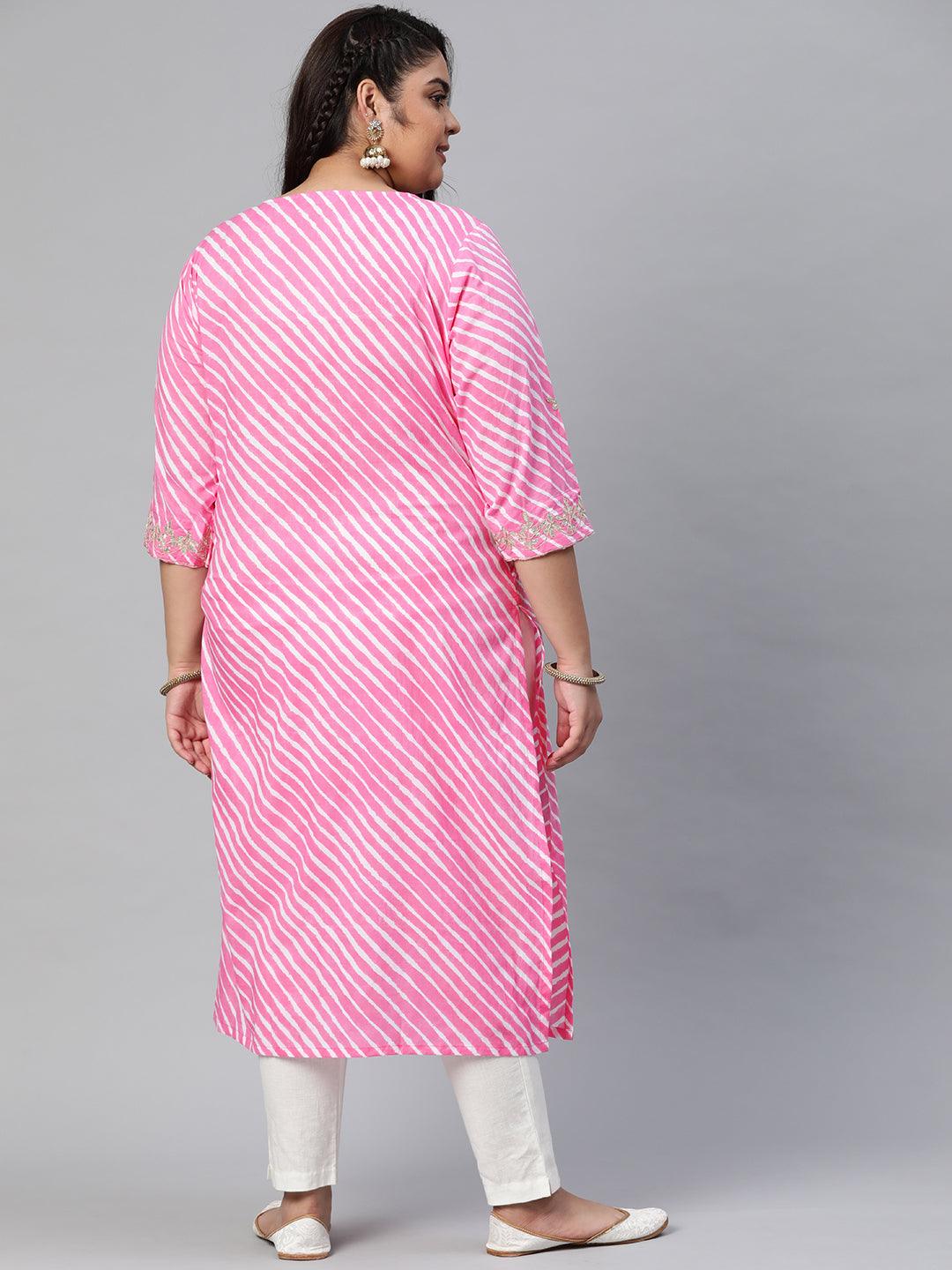 Plus Size Pink Lahariya Cotton Gota patti Straight Kurta - divena world-Mohi