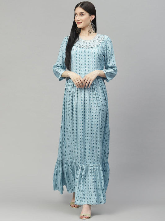 Divena Blue Muslin Flared Gown - divenaworld.com