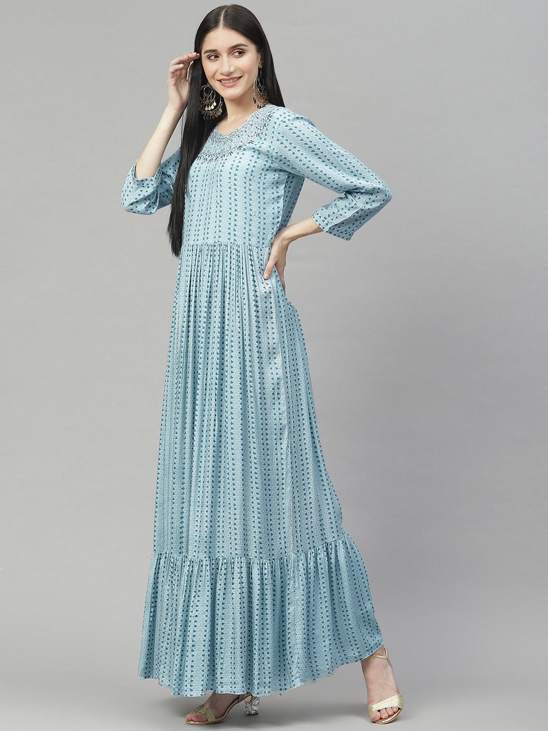 Divena Blue Muslin Flared Gown - divenaworld.com