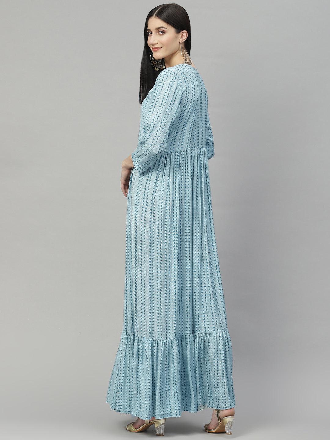 Divena Blue Muslin Flared Gown - divenaworld.com