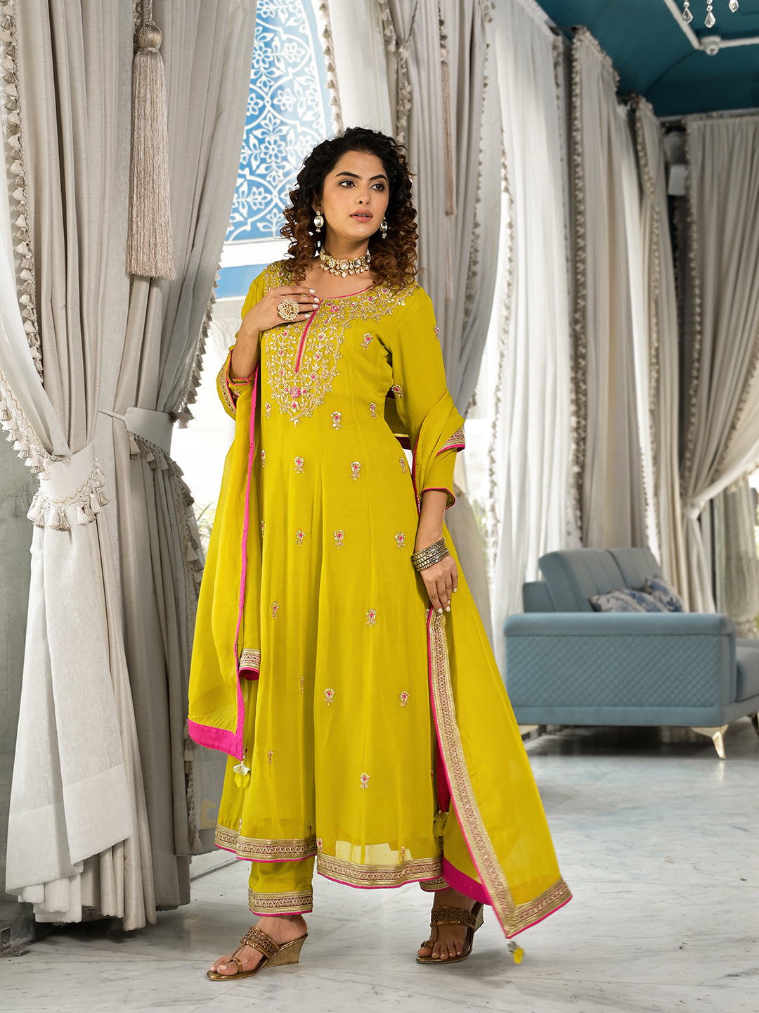 Yellow Zardozi Work Pure Georgette Anarkali Kurta Set with Dupatta