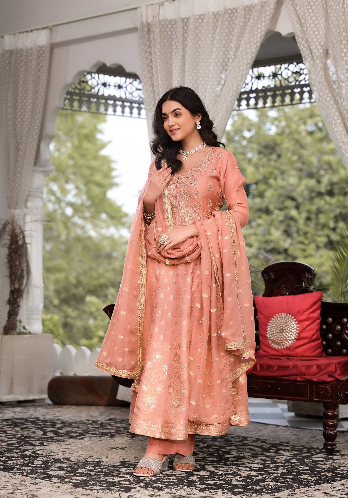 Peach Zardozi Work Banarsi Rusian Silk Kurta Set with Banarsi Organza Dupatta