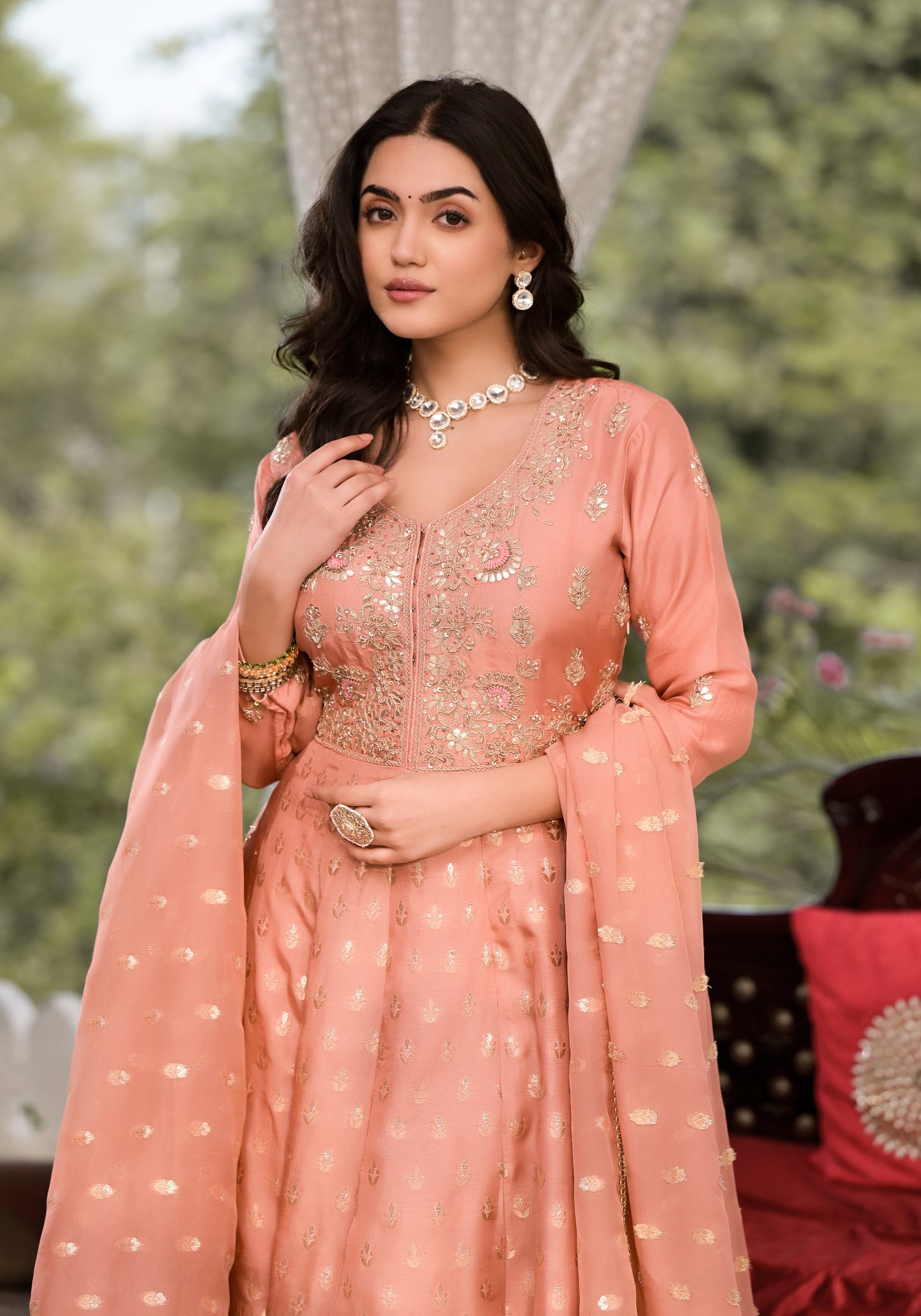 Peach Zardozi Work Banarsi Rusian Silk Kurta Set with Banarsi Organza Dupatta