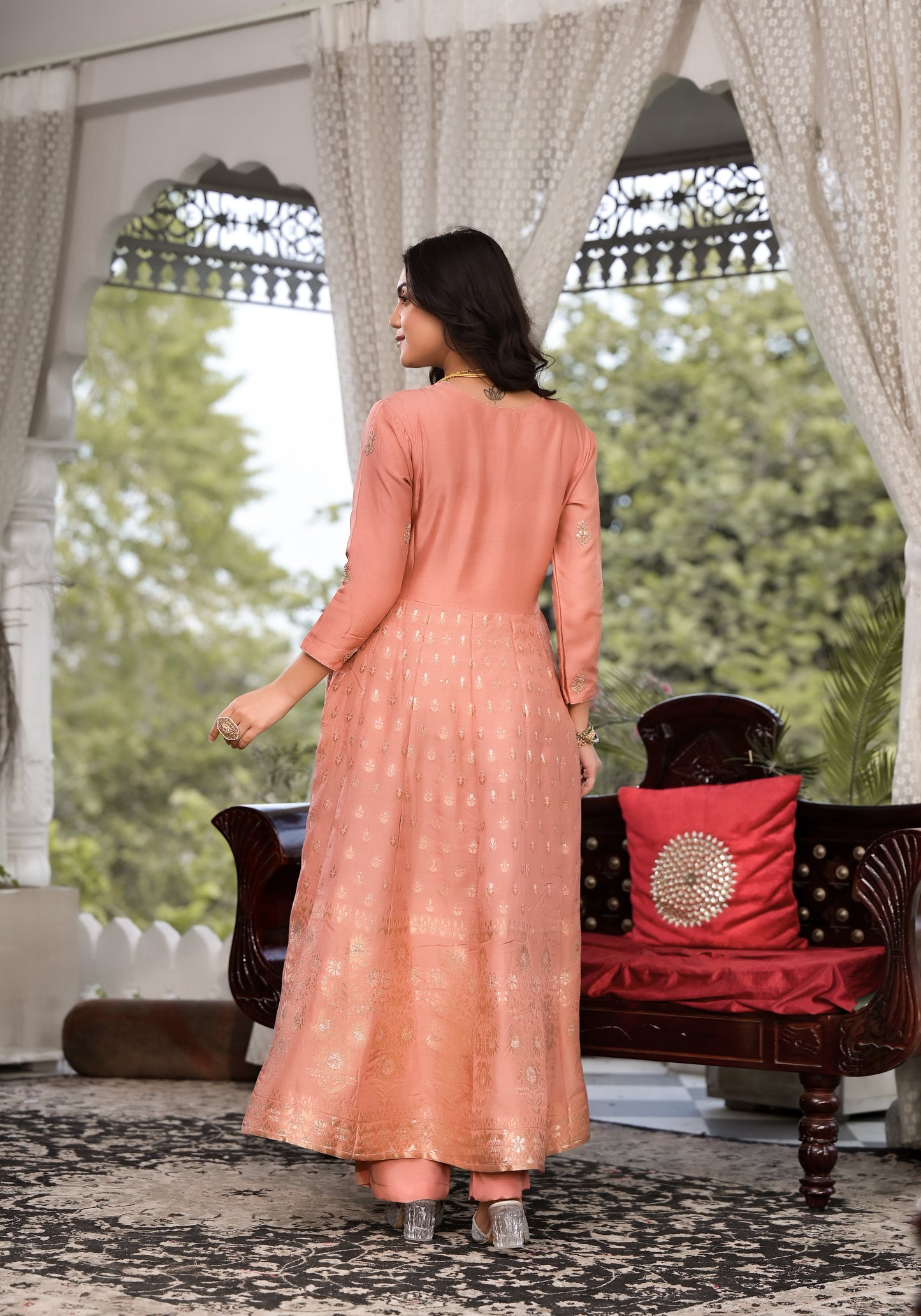 Peach Zardozi Work Banarsi Rusian Silk Kurta Set with Banarsi Organza Dupatta