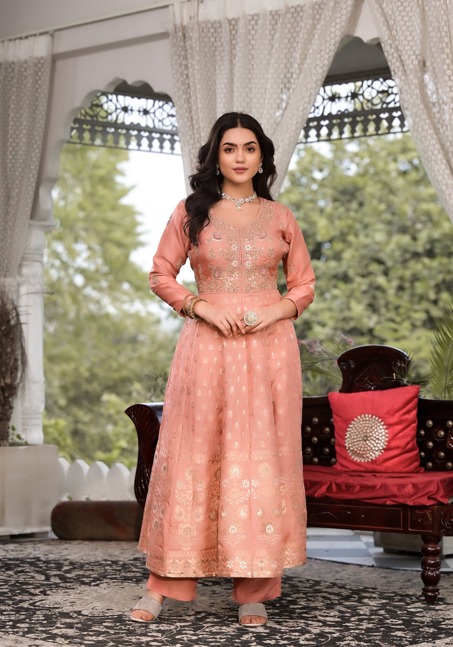 Peach Zardozi Work Banarsi Rusian Silk Kurta Set with Banarsi Organza Dupatta