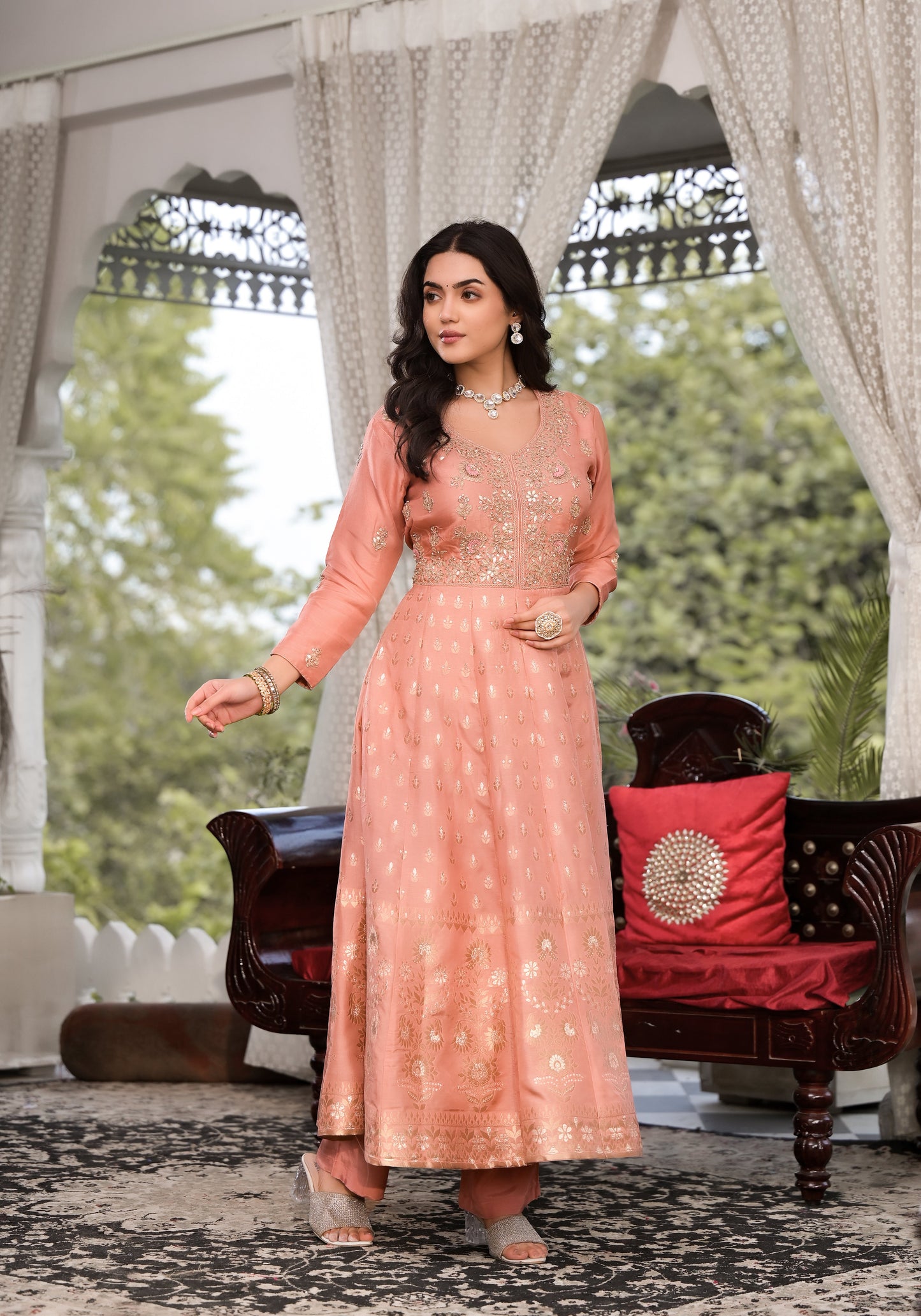 Peach Zardozi Work Banarsi Rusian Silk Kurta Set with Banarsi Organza Dupatta