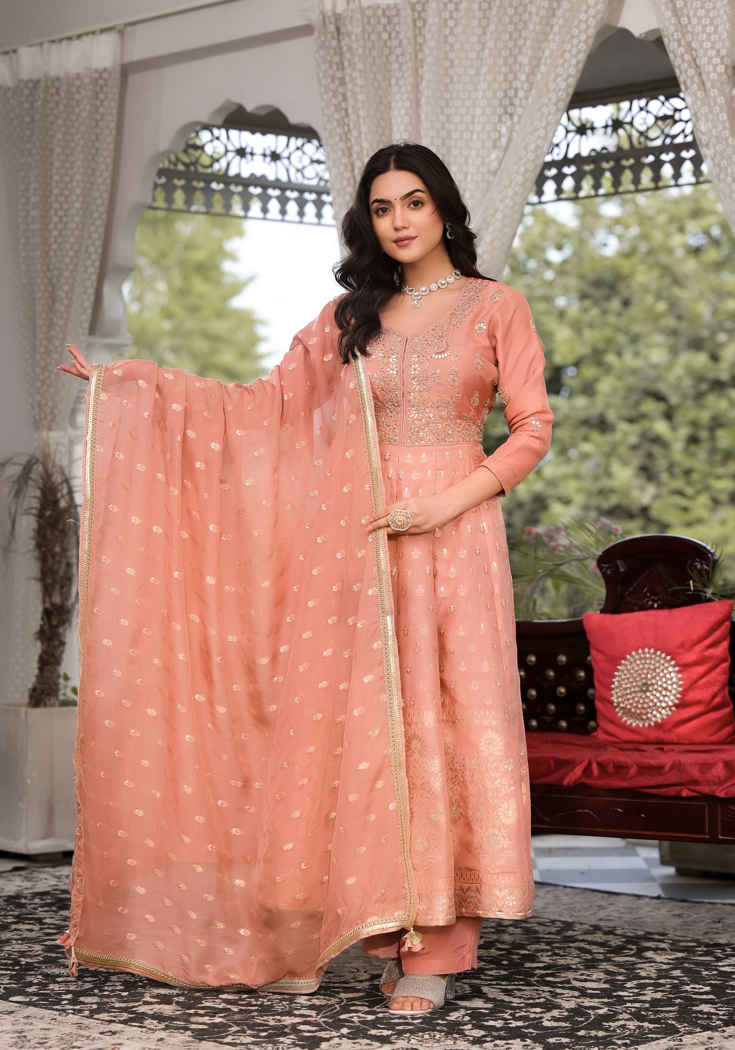 Peach Zardozi Work Banarsi Rusian Silk Kurta Set with Banarsi Organza Dupatta