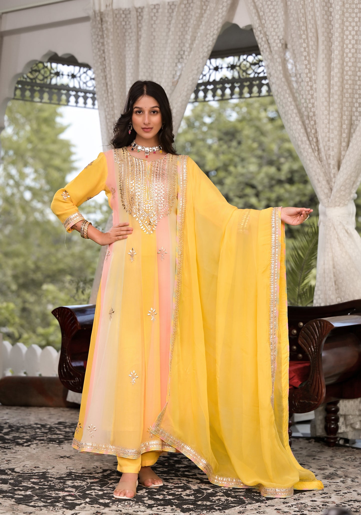 Yellow Gota Patti Embroidered Banarsi Georgette Kurta Set with Organza Dupatta