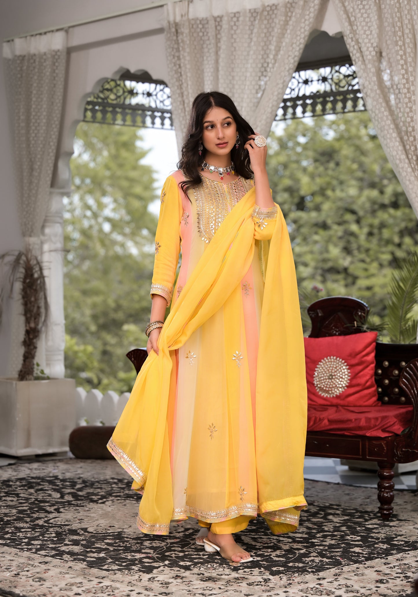 Yellow Gota Patti Embroidered Banarsi Georgette Kurta Set with Organza Dupatta