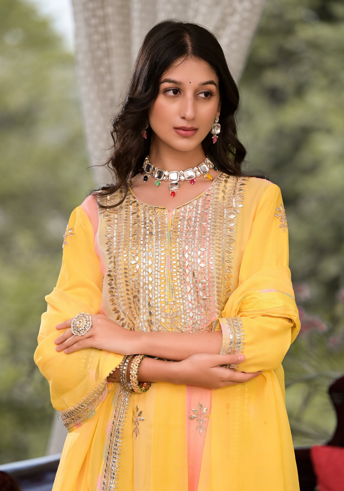 Yellow Gota Patti Embroidered Banarsi Georgette Kurta Set with Organza Dupatta