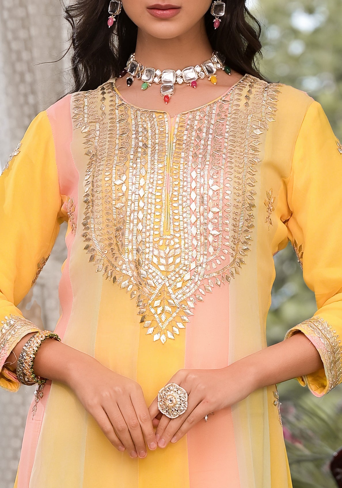 Yellow Gota Patti Embroidered Banarsi Georgette Kurta Set with Organza Dupatta