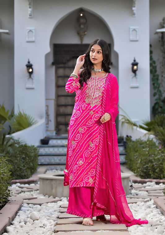 Rani Pink Gota Patti Embroidered Bandhani Print Chinon Kurta Set with shiffon Dupatta