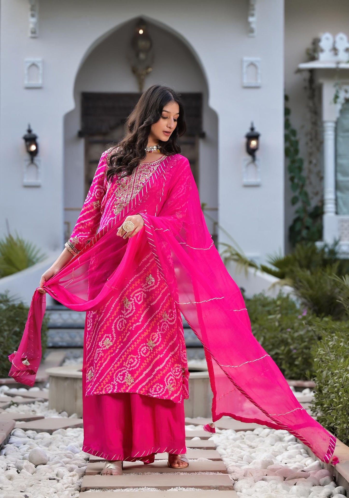 Rani Pink Gota Patti Embroidered Bandhani Print Chinon Kurta Set with shiffon Dupatta