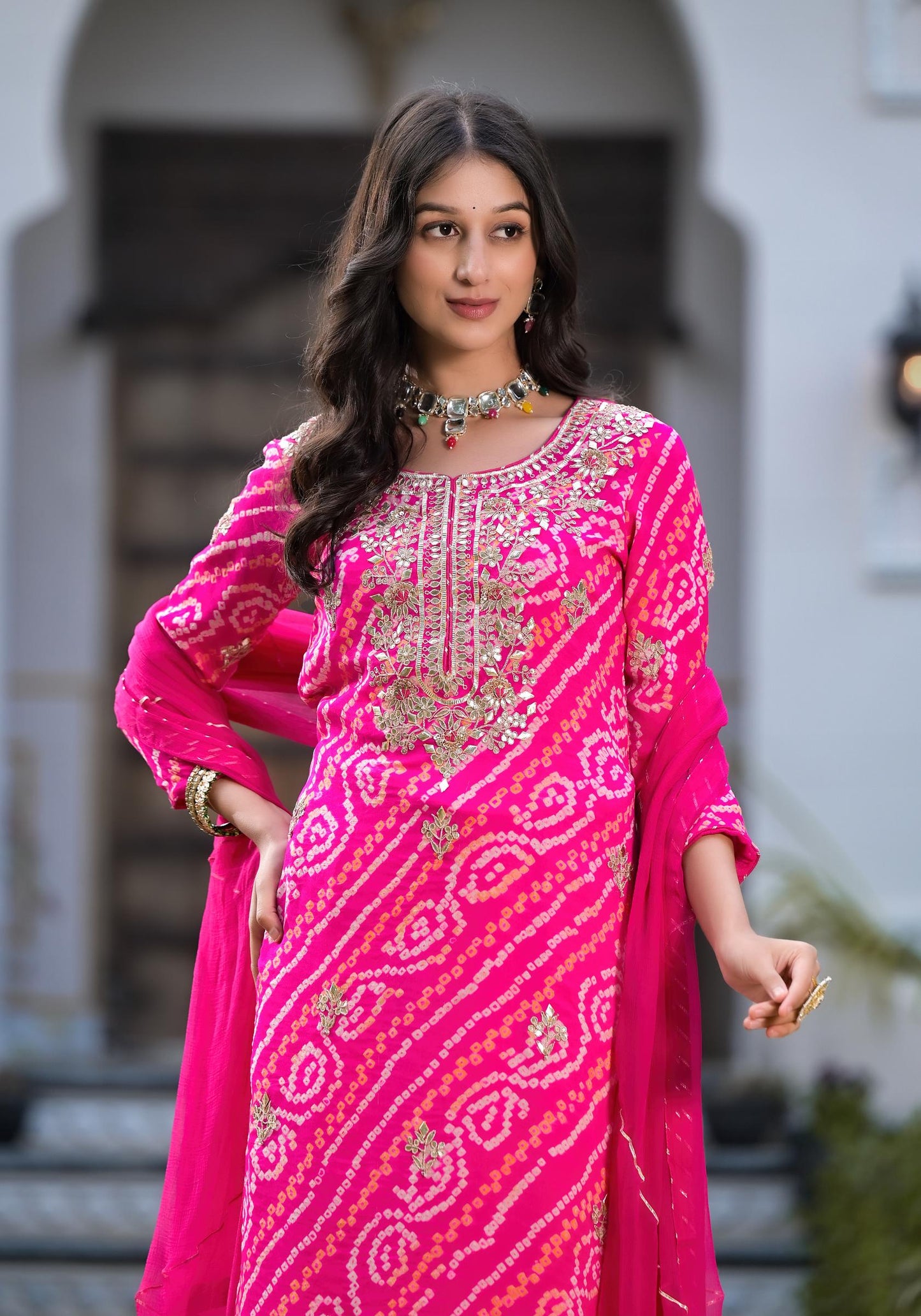 Rani Pink Gota Patti Embroidered Bandhani Print Chinon Kurta Set with shiffon Dupatta