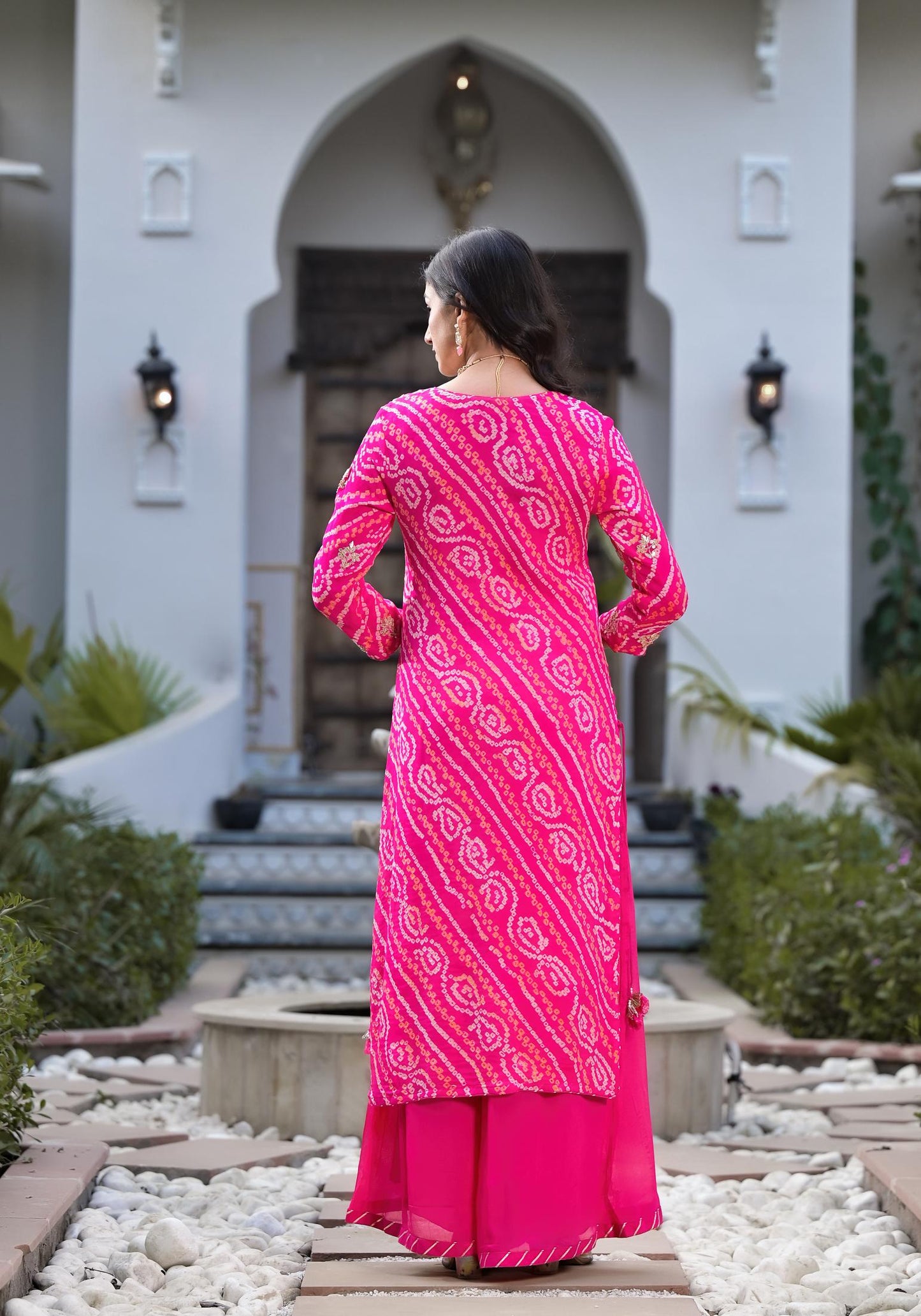 Rani Pink Gota Patti Embroidered Bandhani Print Chinon Kurta Set with shiffon Dupatta