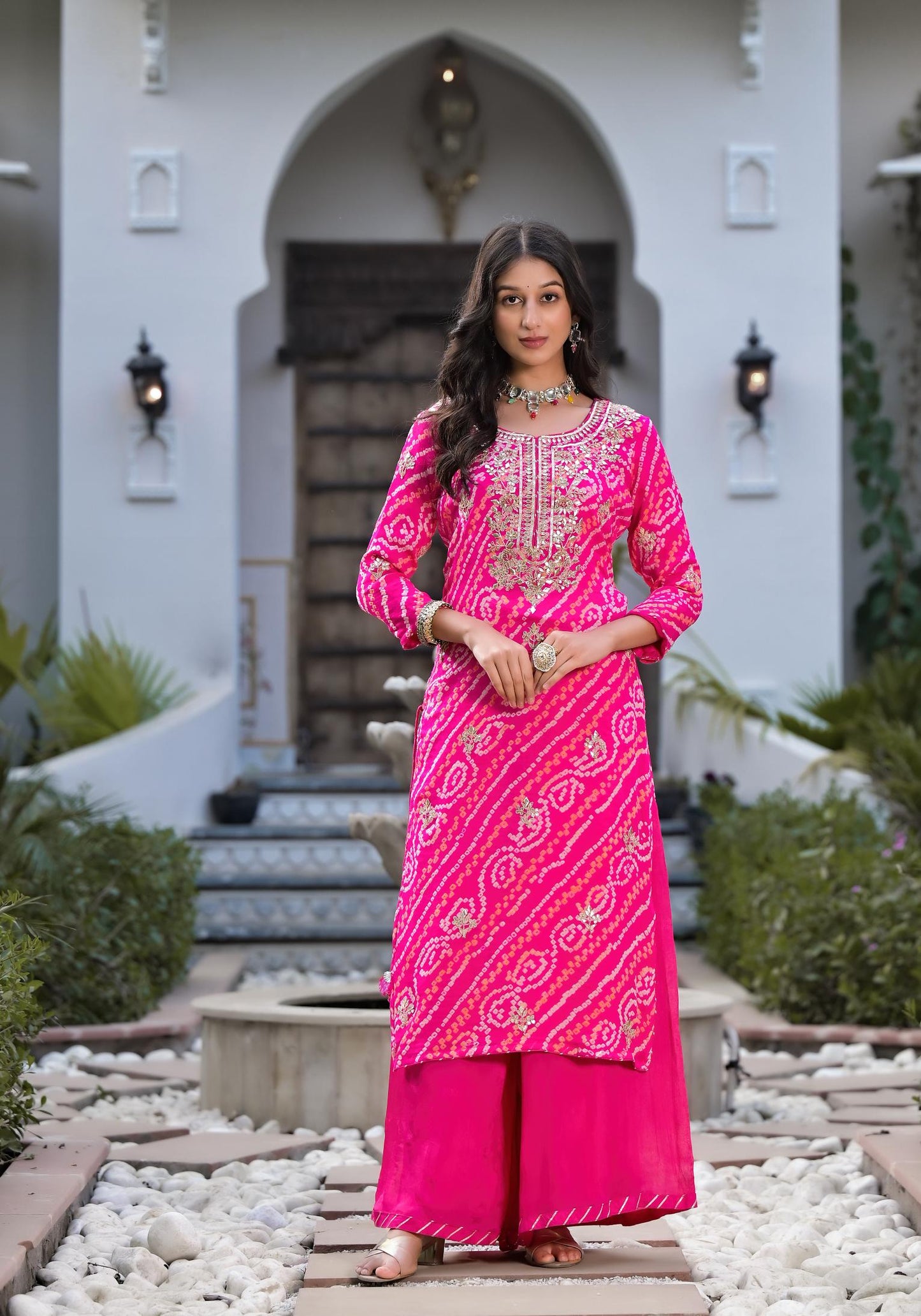 Rani Pink Gota Patti Embroidered Bandhani Print Chinon Kurta Set with shiffon Dupatta