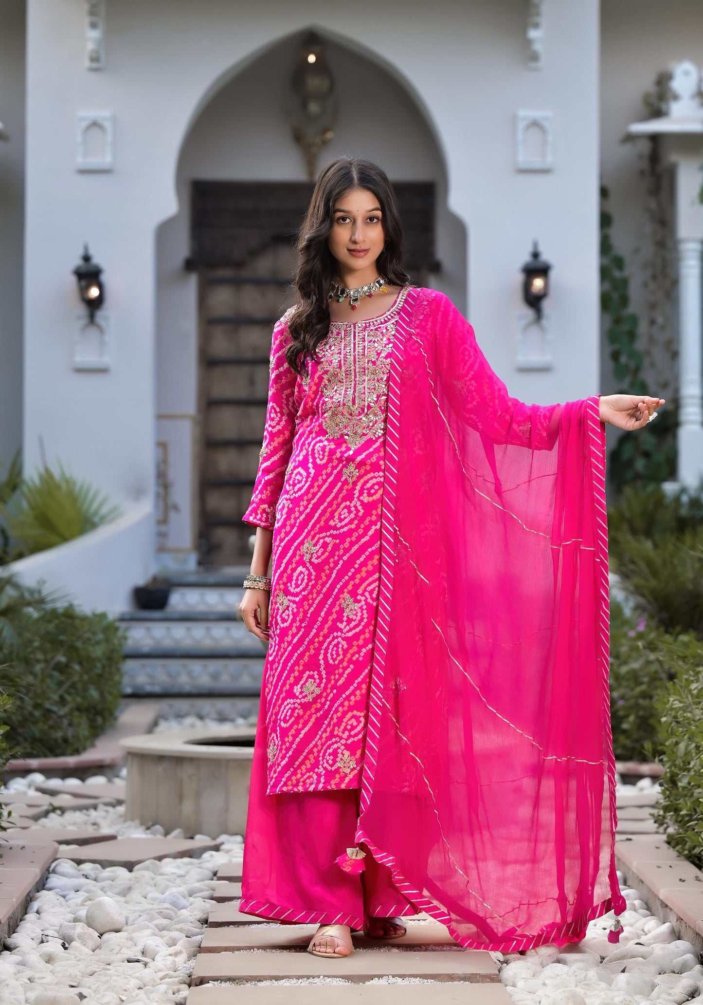 Rani Pink Gota Patti Embroidered Bandhani Print Chinon Kurta Set with shiffon Dupatta