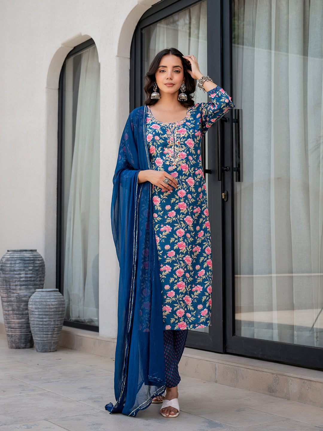 Blue Embroidered Floral Print Muslin Kurta Set