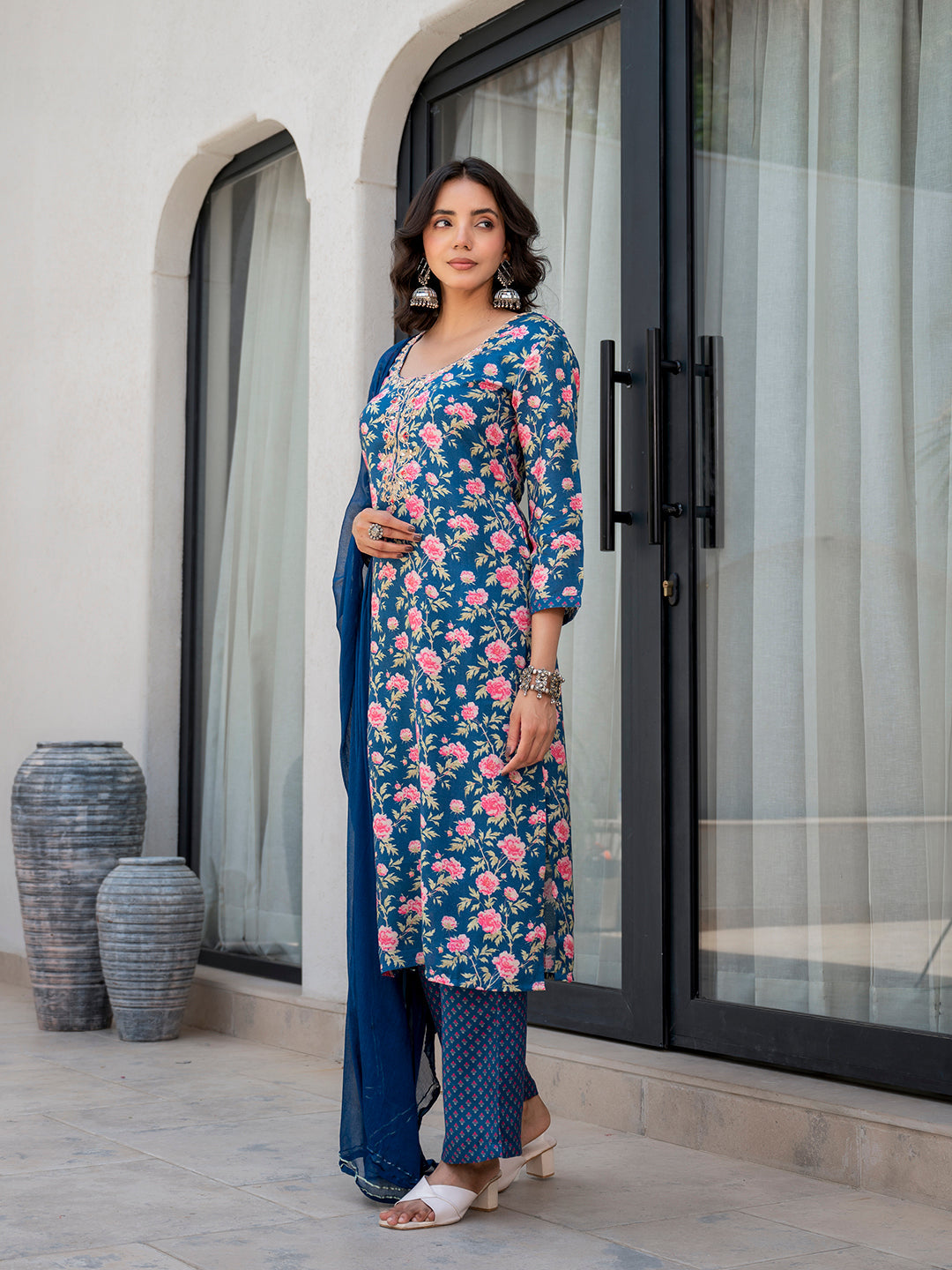 Blue Embroidered Floral Print Muslin Kurta Set