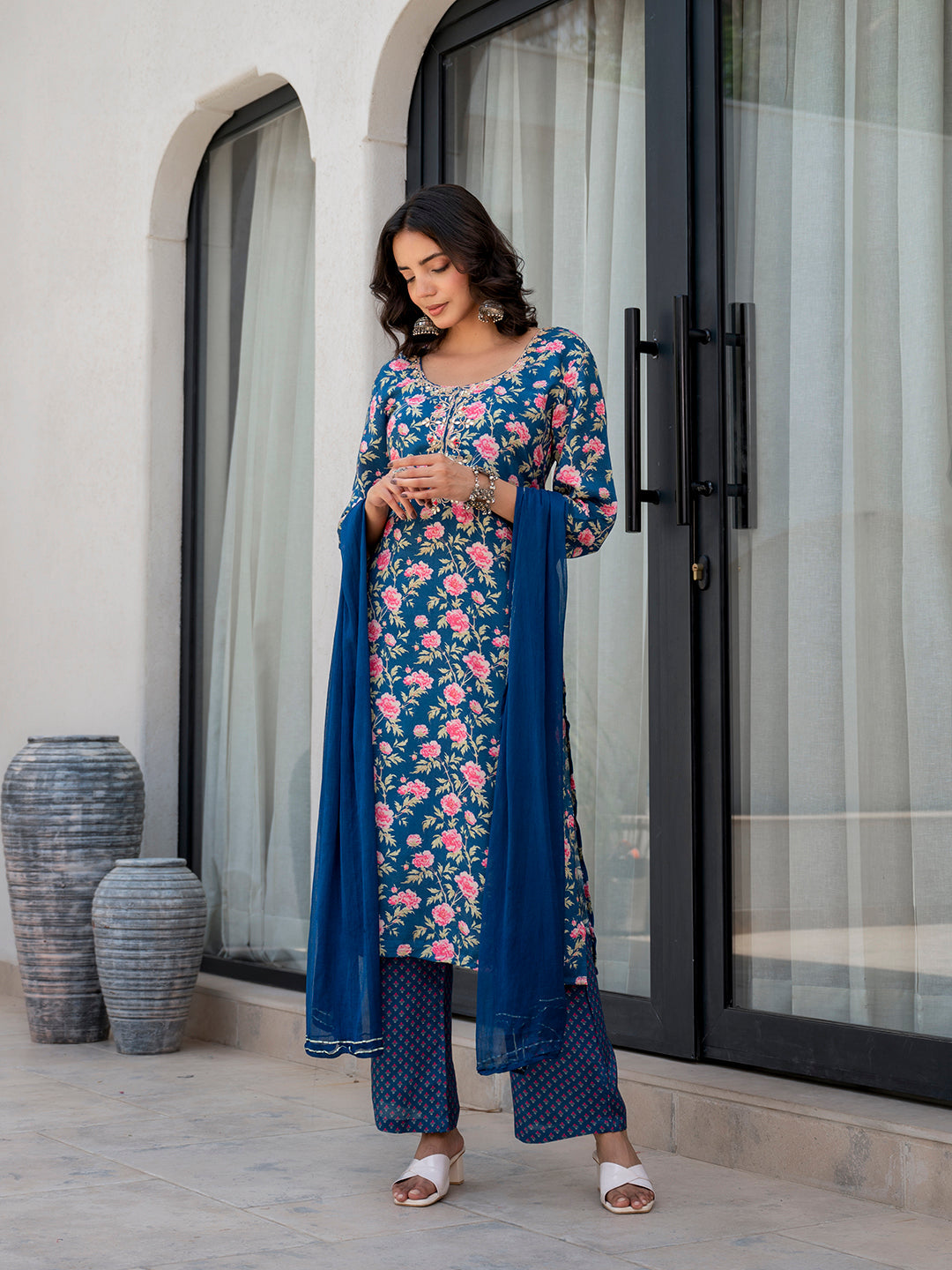 Blue Embroidered Floral Print Muslin Kurta Set