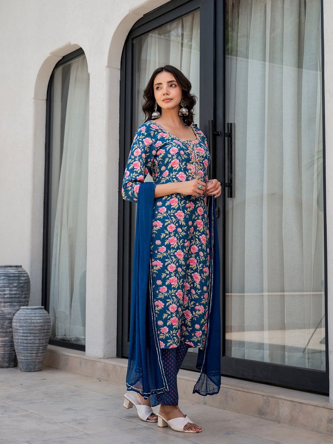 Blue Embroidered Floral Print Muslin Kurta Set