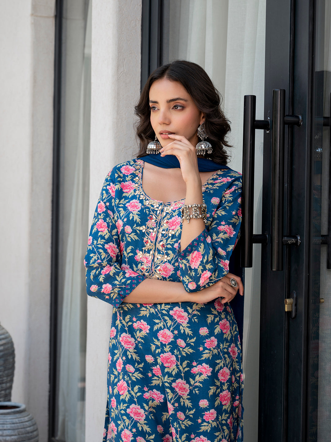 Blue Embroidered Floral Print Muslin Kurta Set