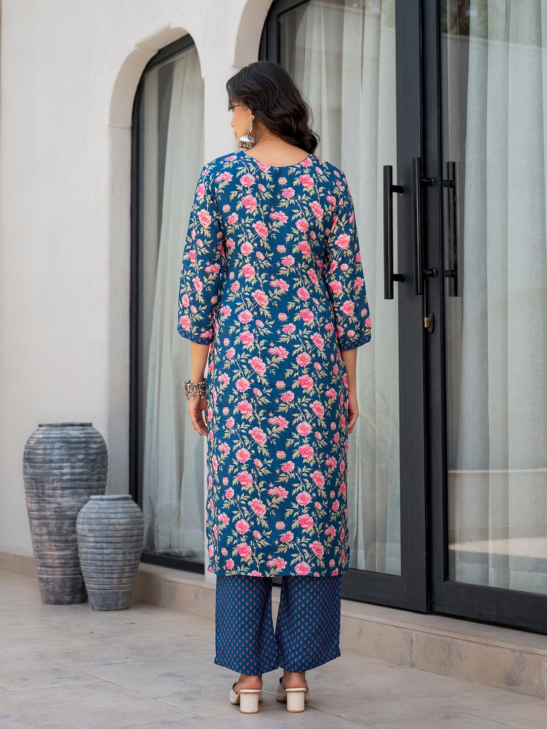 Blue Embroidered Floral Print Muslin Kurta Set