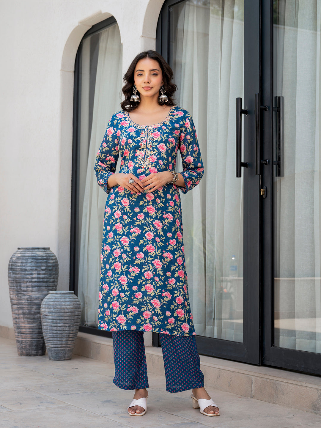 Blue Embroidered Floral Print Muslin Kurta Set