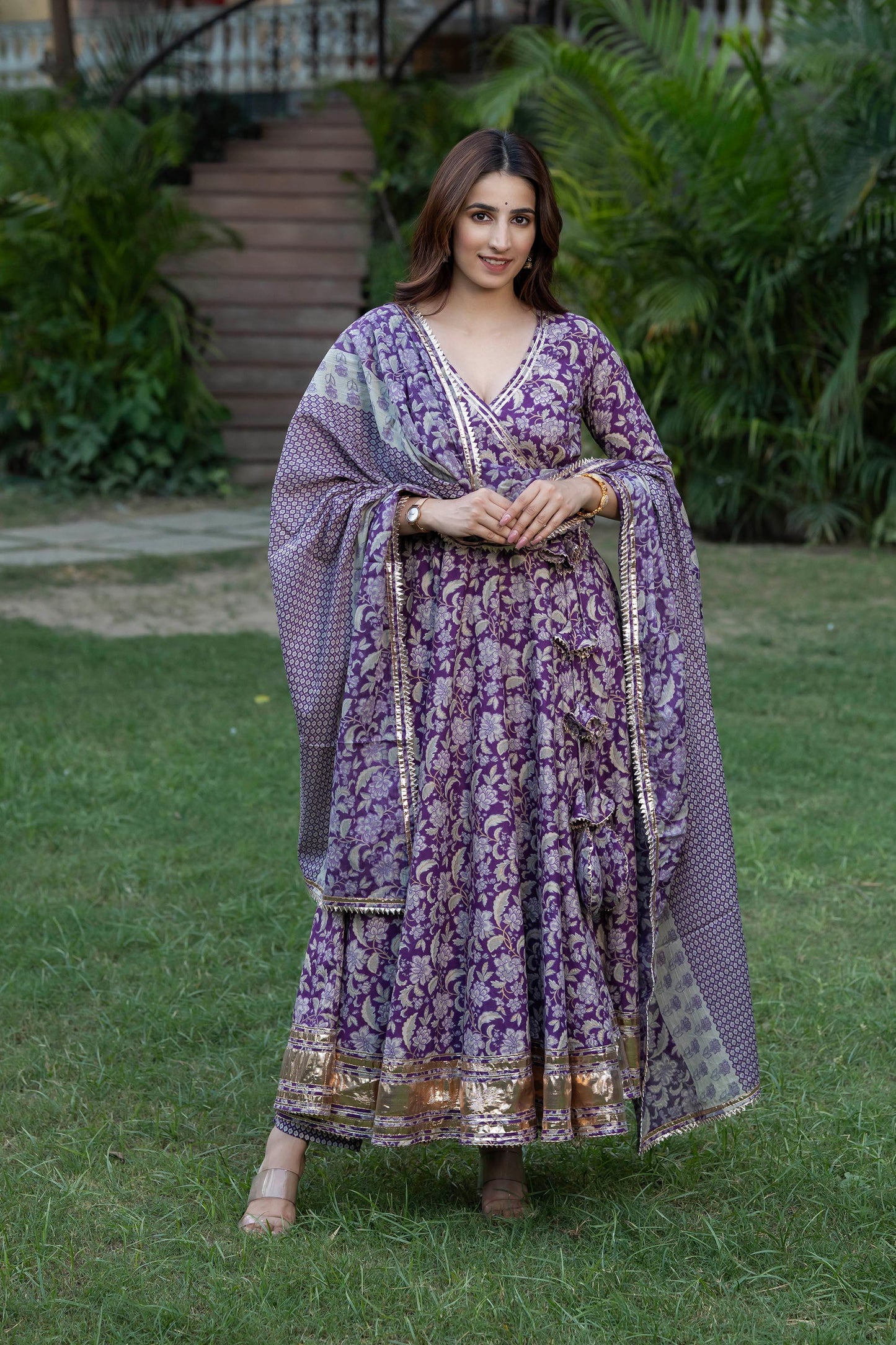 Pink & purple Periwinkle Floral Blockprint Cotton Suit Set