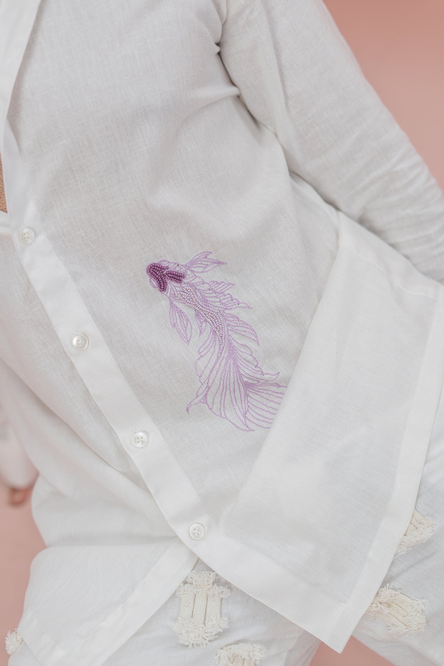 Lilac fish White Linen Cotton hand dyed shirt