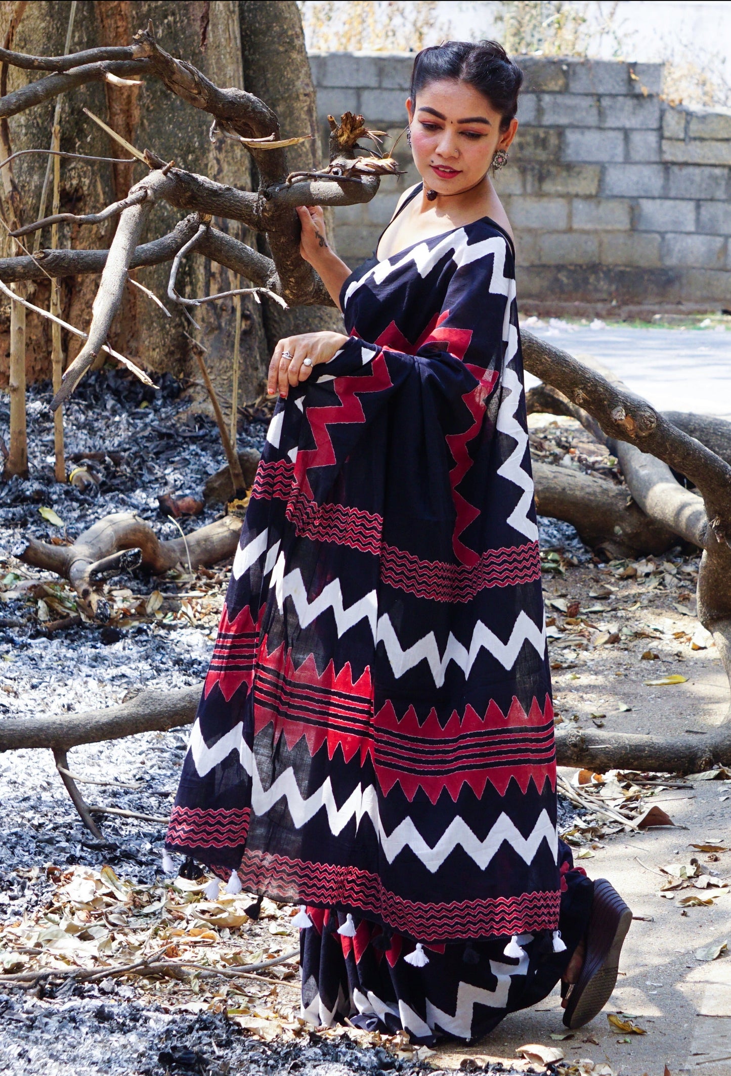 Bold Black - Handblock Print Natural Dyed - Black Mulmul Cotton Saree