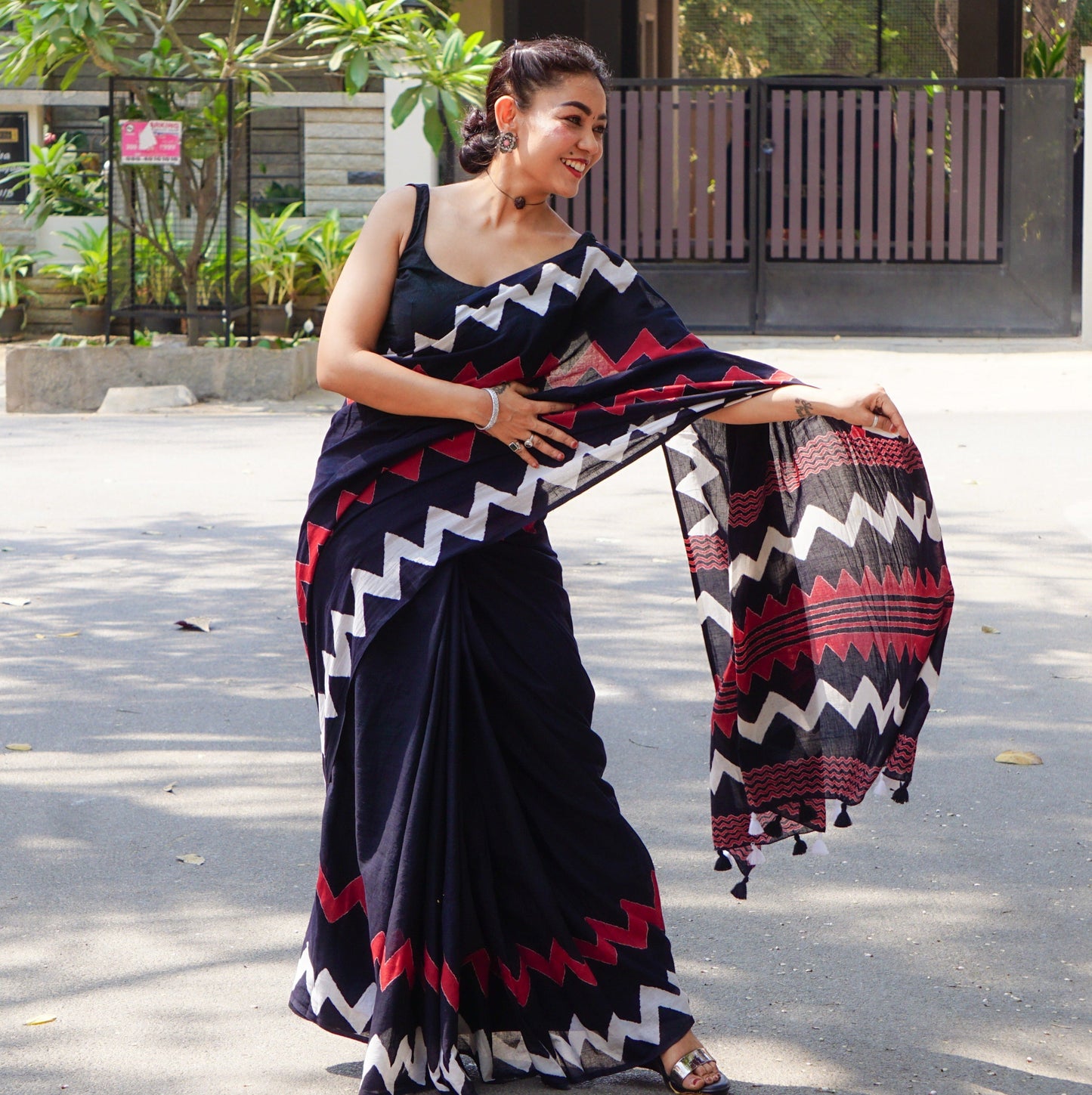 Bold Black - Handblock Print Natural Dyed - Black Mulmul Cotton Saree