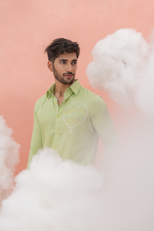 Balloon Light Green Hand Embroidered Vegan Silk vacay shirt