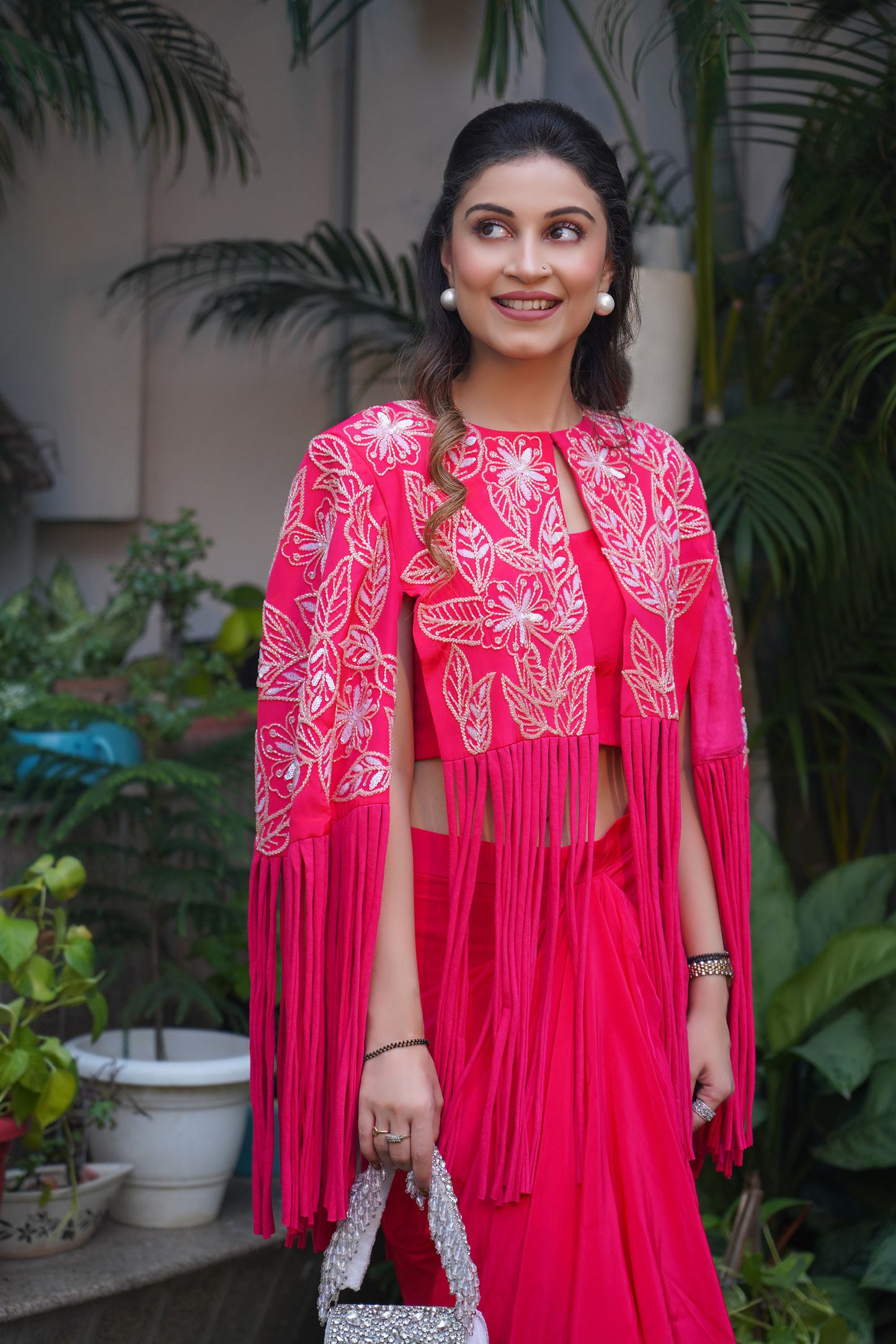 Hand Embellished Pink Cape Coat Paired With Drape Skirt