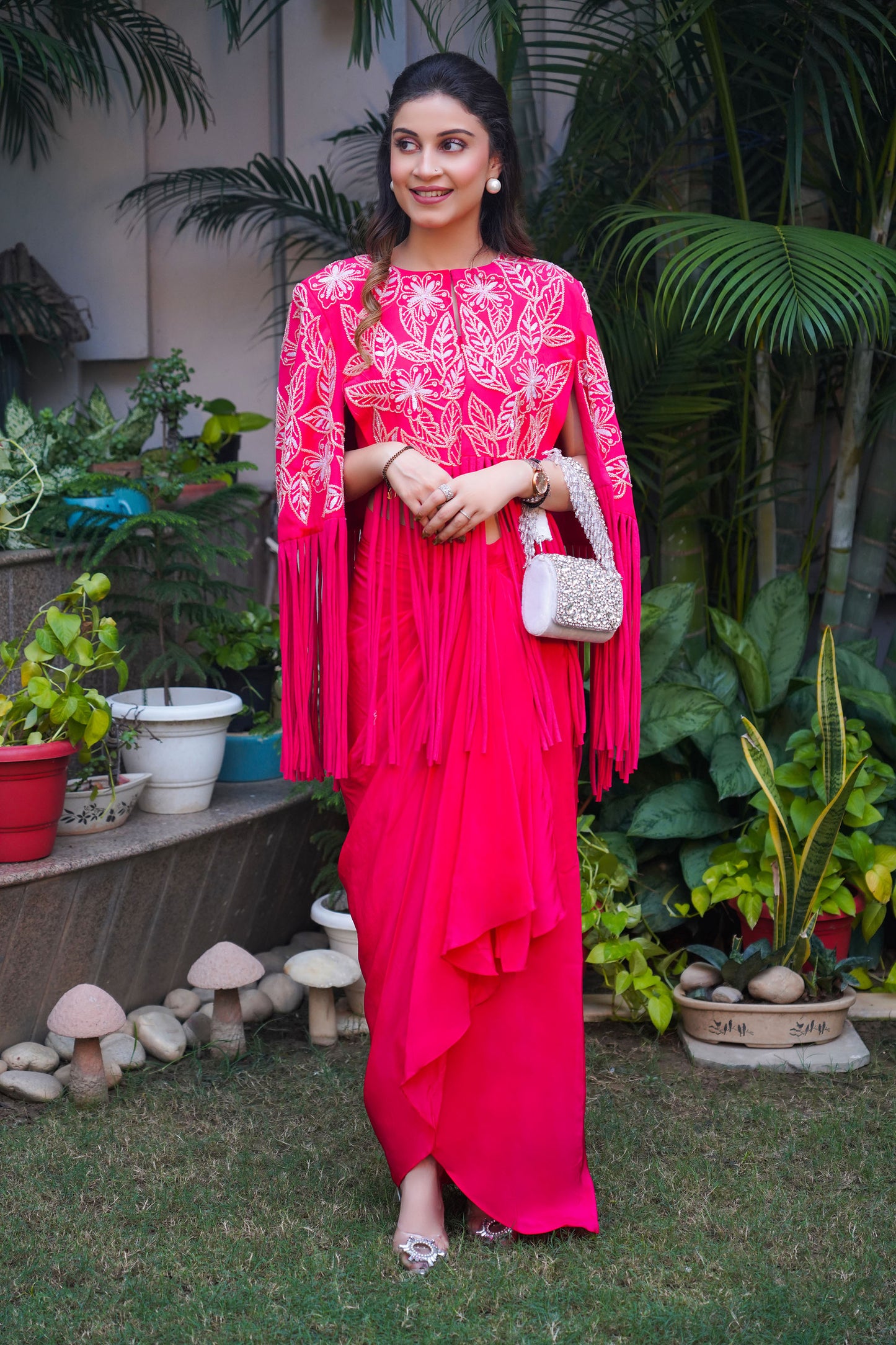 Hand Embellished Pink Cape Coat Paired With Drape Skirt