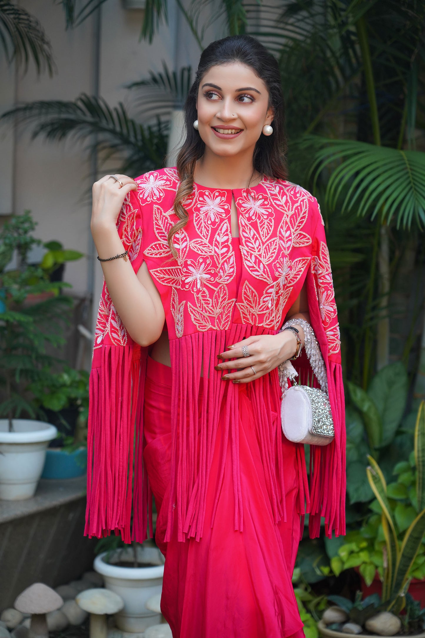 Hand Embellished Pink Cape Coat Paired With Drape Skirt