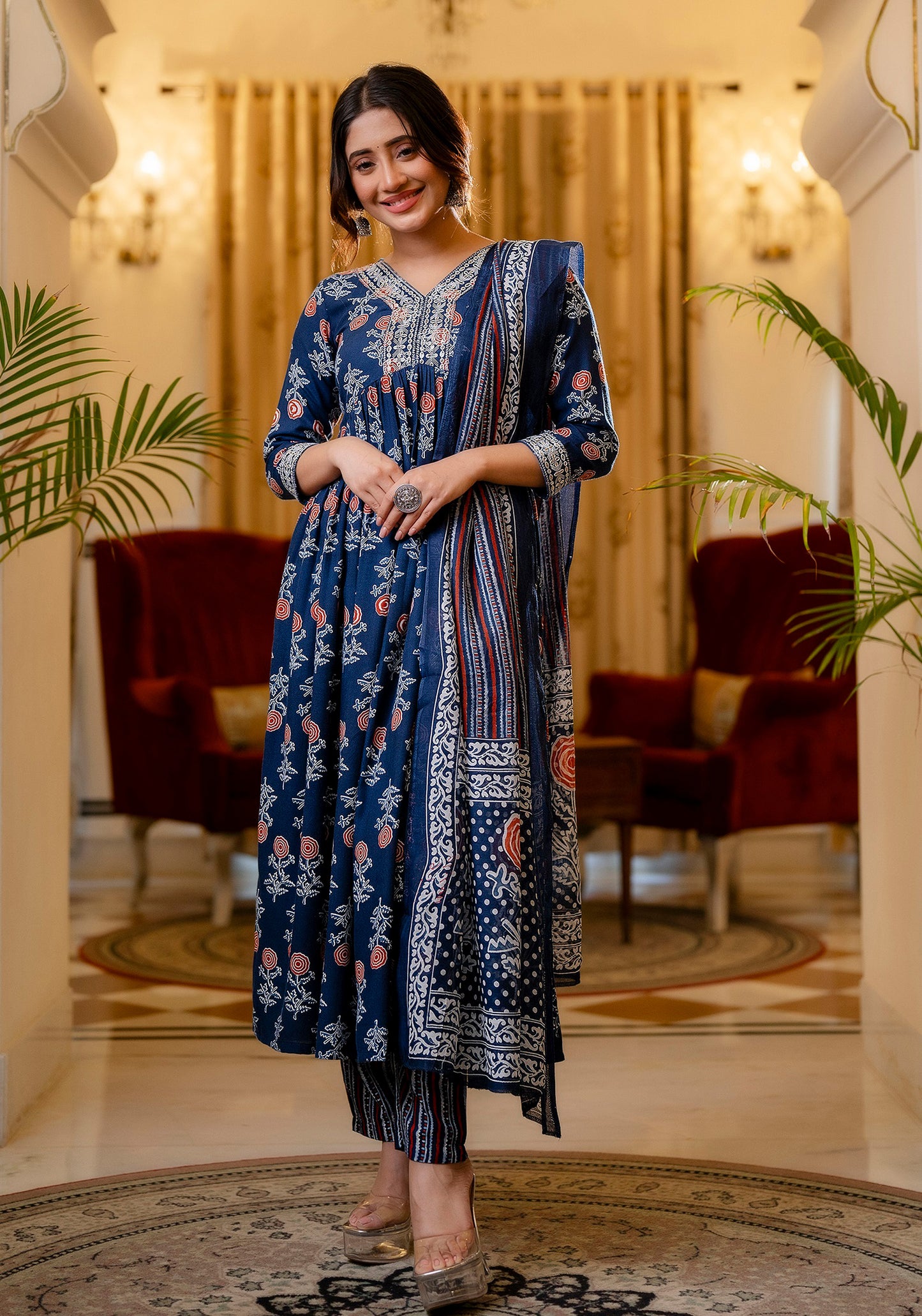 Gima Women Blue Printed Viscose Rayon Kurta, Pant And Dupatta Set