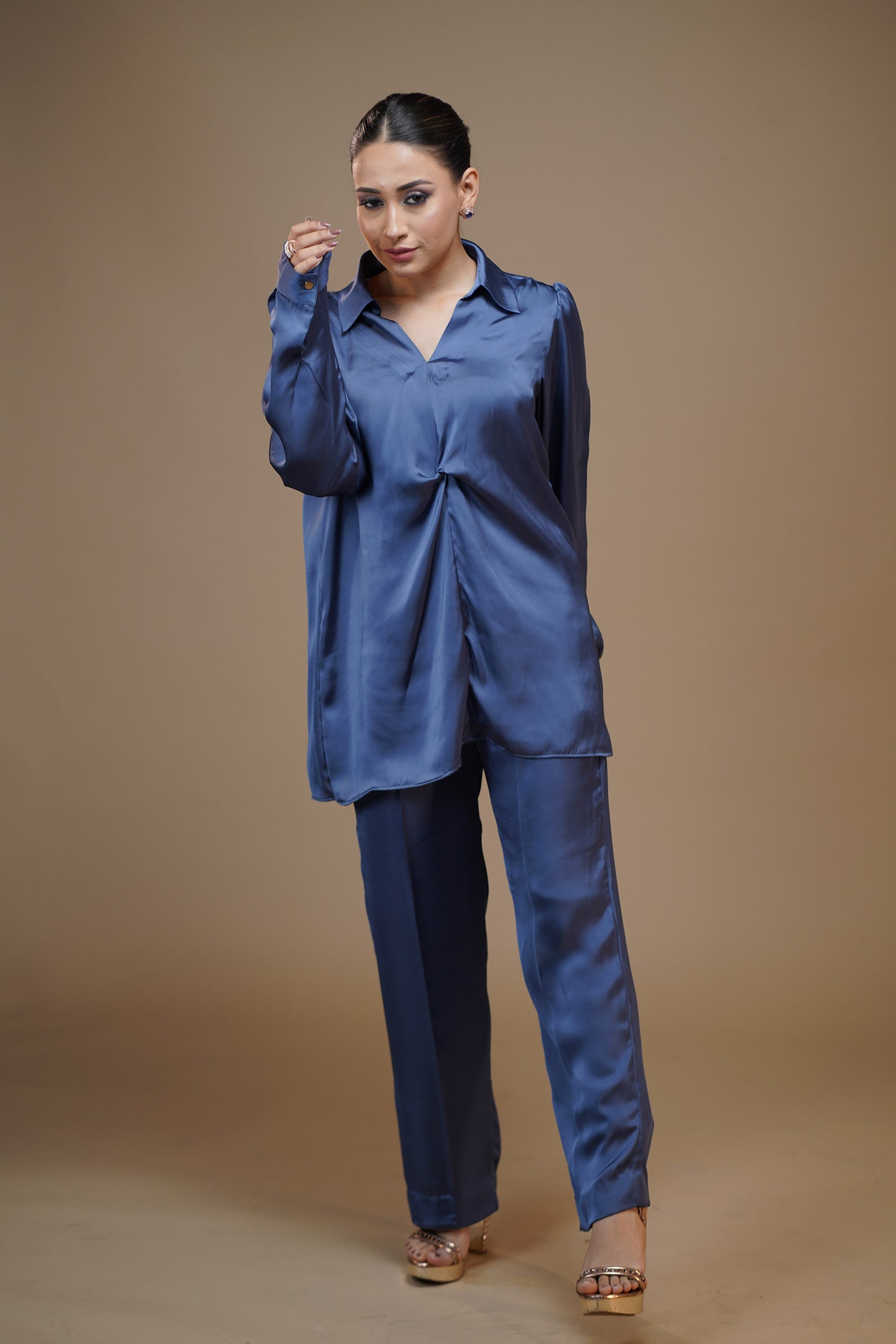 Twisted Twilight Dusty Blue Satin Pant Set