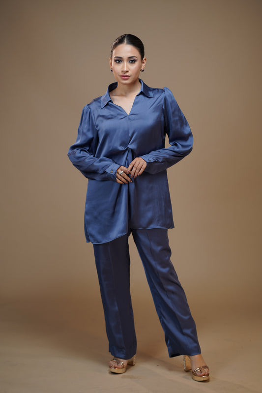 Twisted Twilight Dusty Blue Satin Pant Set