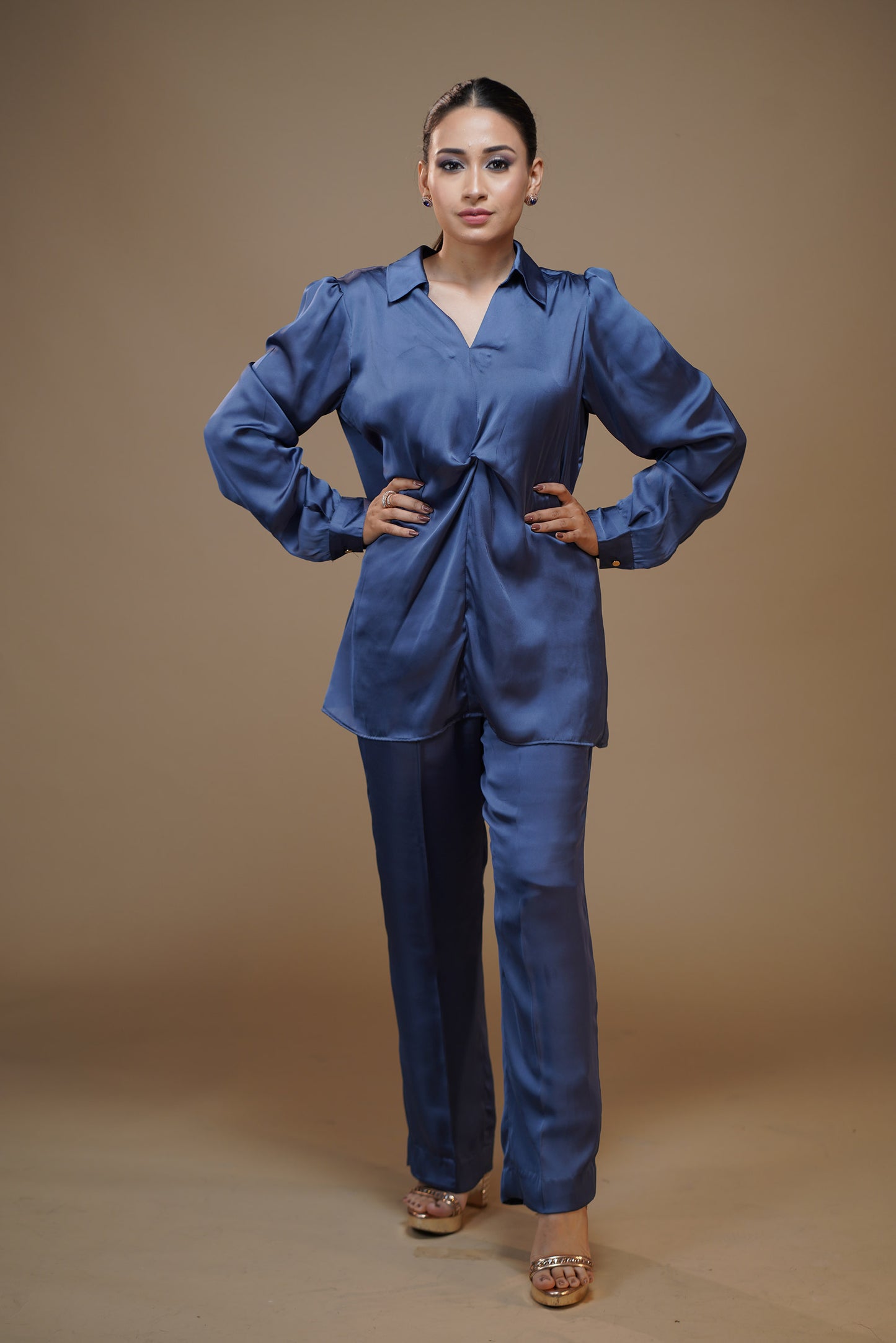 Twisted Twilight Dusty Blue Satin Pant Set